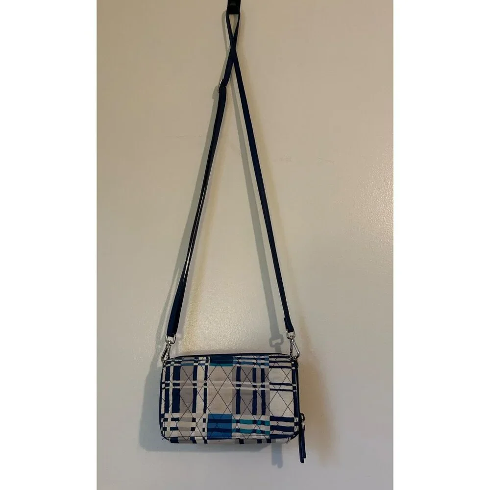 Vera Bradley Crossbody Wallet Purse Bag Blue Beige Geometric Print Quilted Trave - Picture 1 of 12